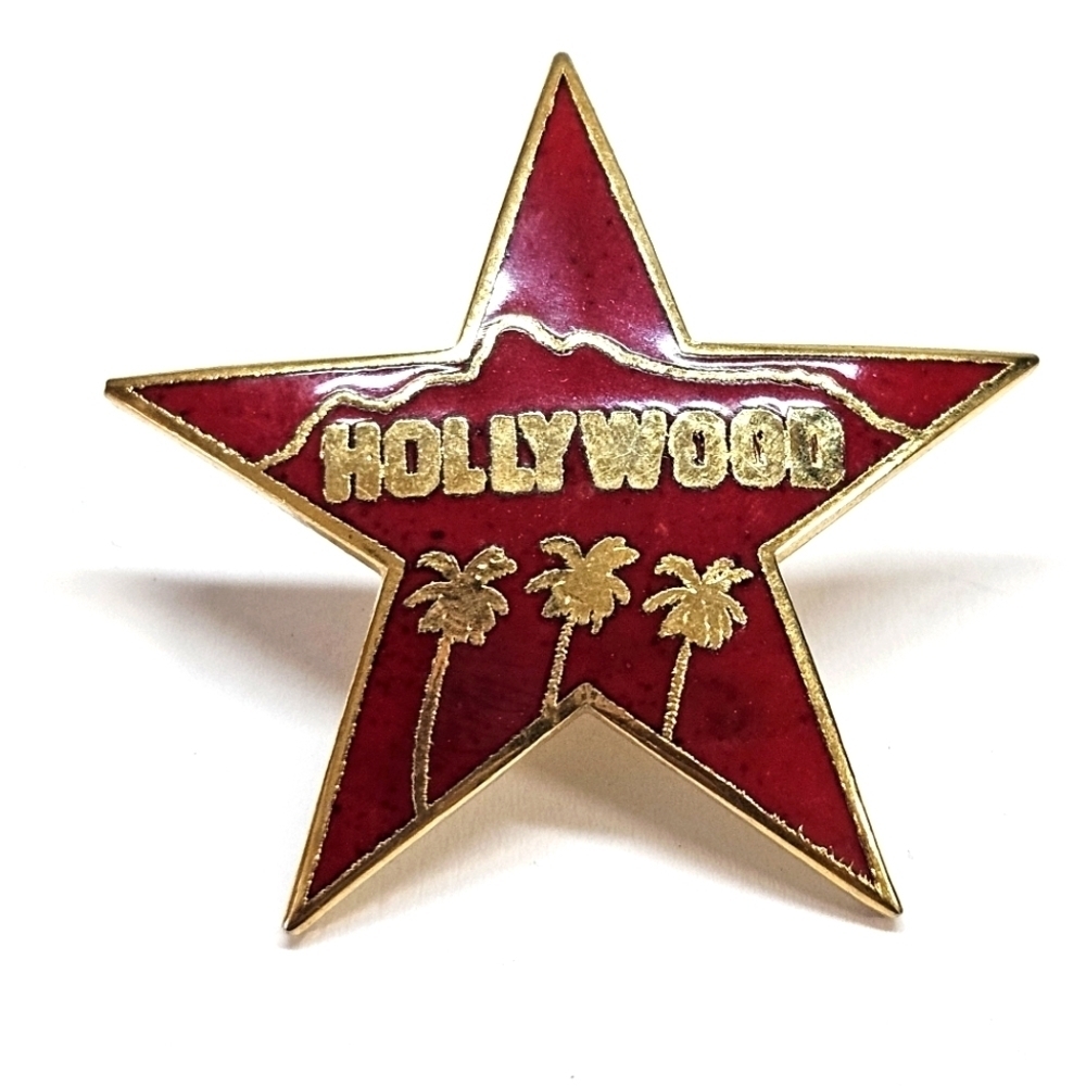 VINTAGE Hollywood Hills Red Gold Enamel Metal Star Future Primitive Lapel Pin